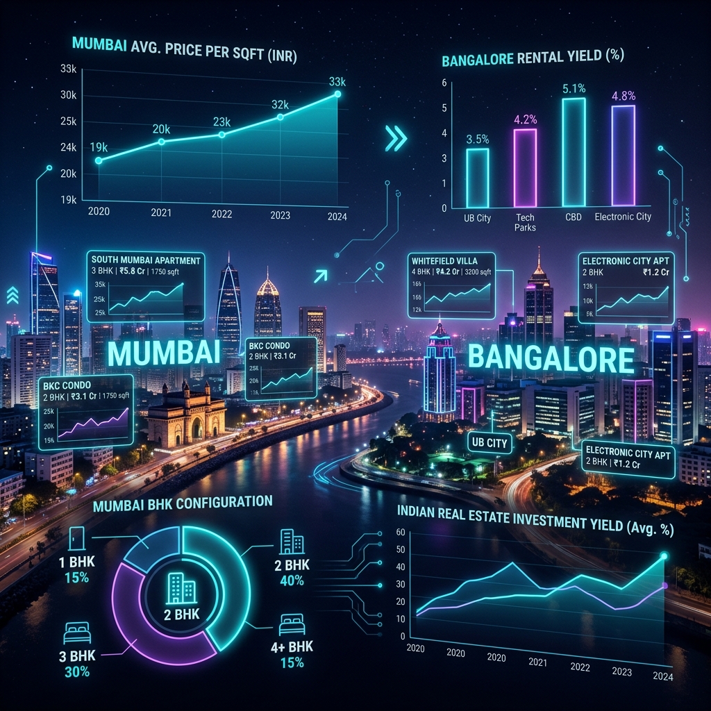 Indian real estate market dashboard with Mumbai and Bangalore property listings, price charts and BHK data