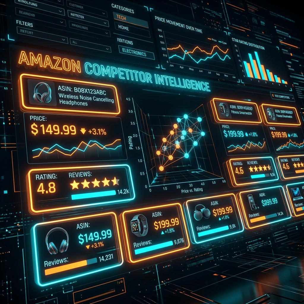 Amazon ASIN competitor tracking dashboard with dynamic pricing charts, star ratings and review analytics