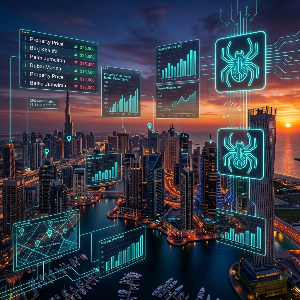 Dubai skyline real estate data visualization with price charts and property scraping dashboard