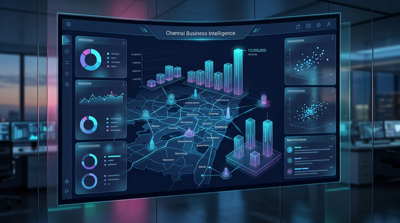 Chennai Business Intelligence and Database Analytics Dashboard showing 10 Million Records Map