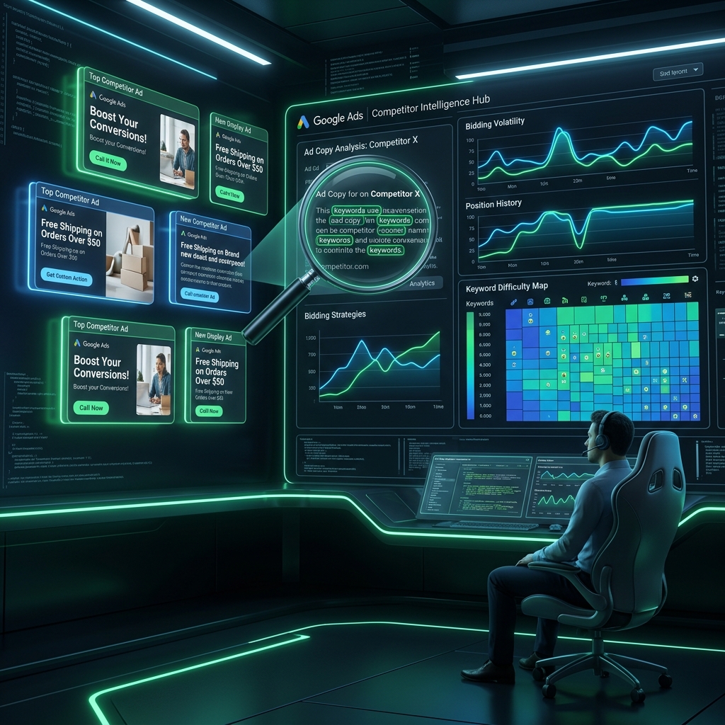 Google Ads competitor intelligence command center with glowing ad creative cards and keyword bidding heatmaps