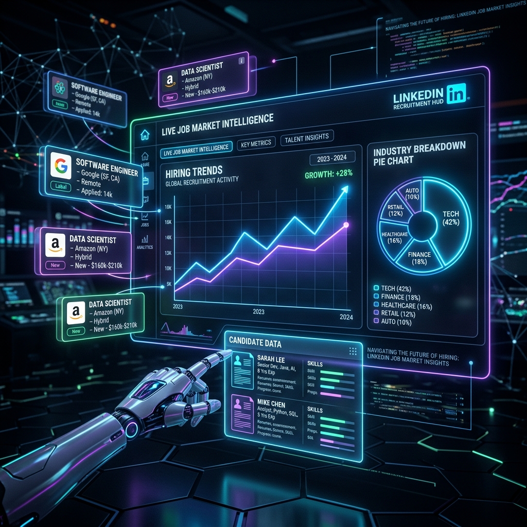 LinkedIn job market intelligence dashboard with hiring trend graphs and recruitment automation visualization