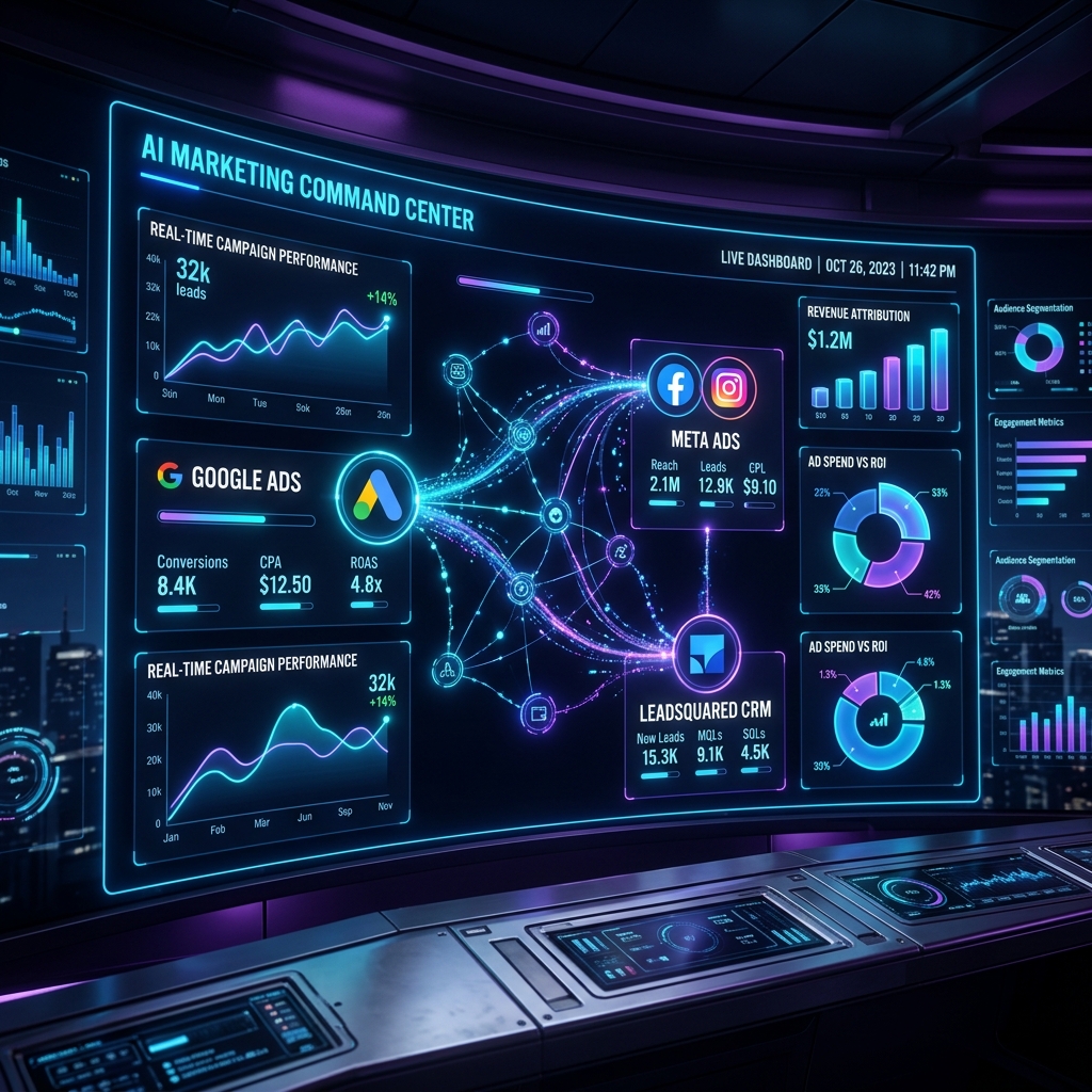AI marketing automation dashboard showing connected data pipelines for Google Ads, Meta and LeadSquared CRM