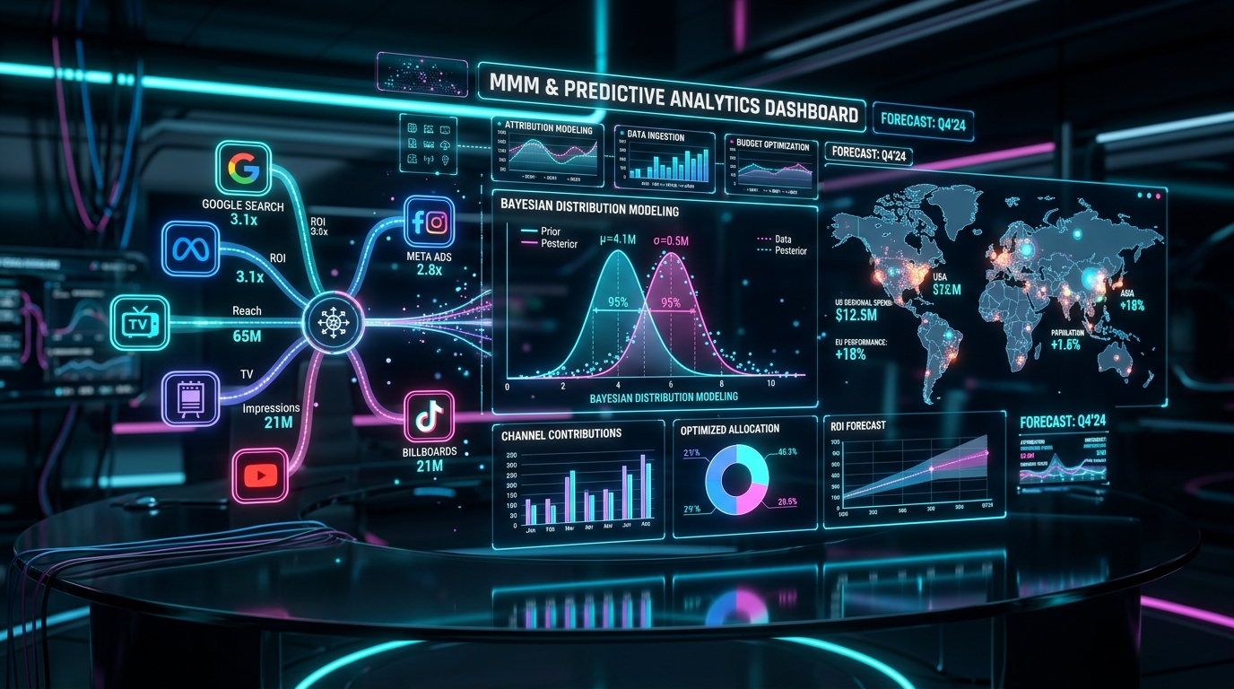 Media Mix Modeling Predictive Analytics Dashboard showing Bayesian Curves, Geo Nodes, and Cross-Platform Marketing Attribution