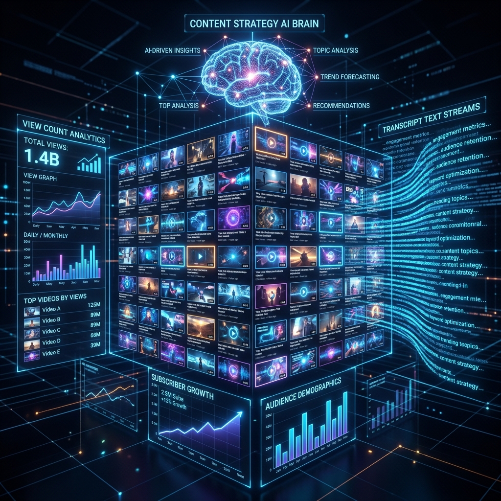 YouTube video data mining dashboard with transcript extraction, view counts and content analytics visualization